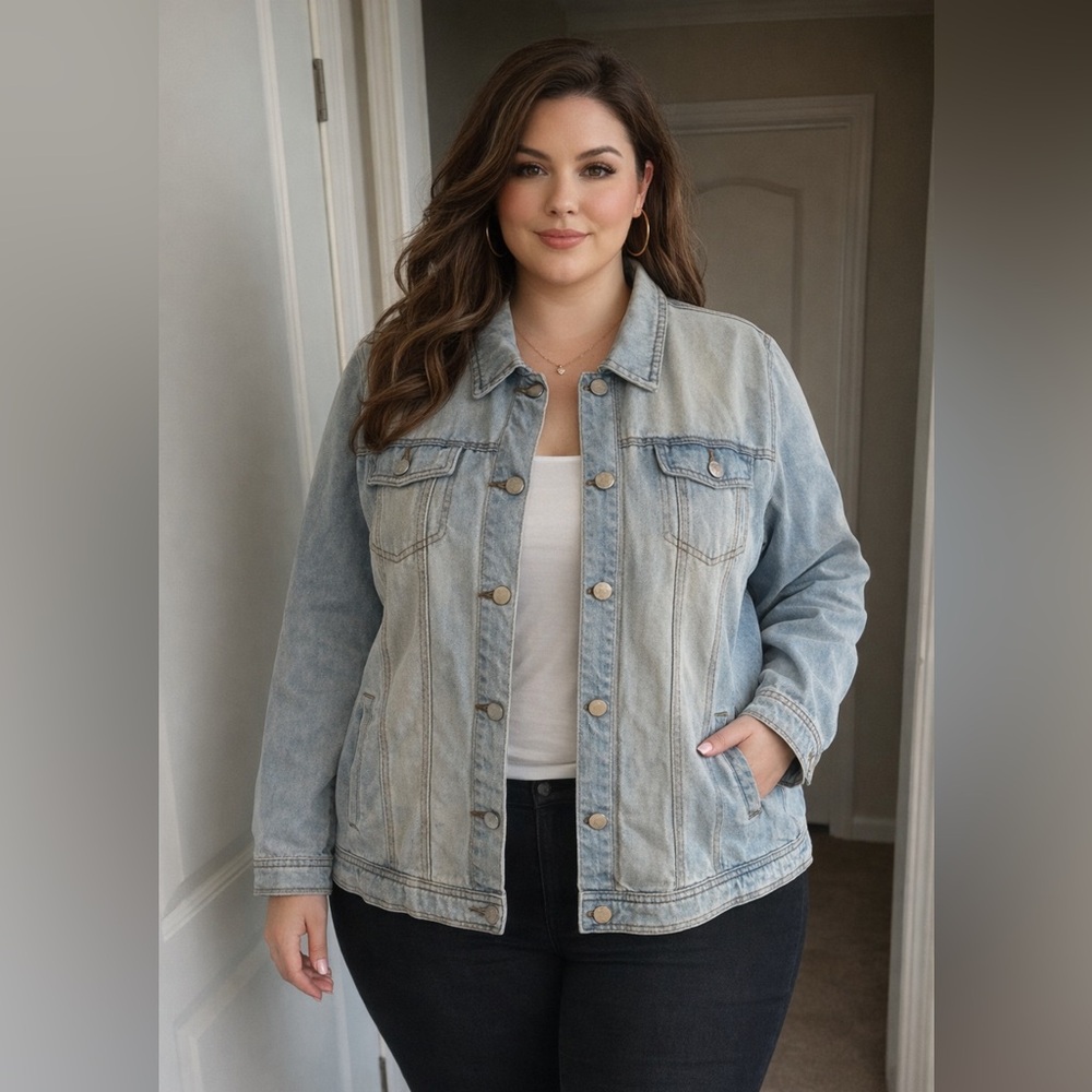 Plus 2X Denim Jean Jacket Distress Wash